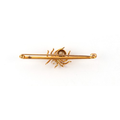 88 - A large 9ct gold spider bar brooch, set with an oval cut sapphire & round cut citrine, 75mm long.