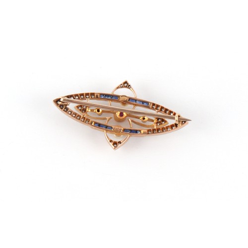 103 - An early 20th century Belle Epoque 18ct gold oval openwork brooch set a round cut ruby, square cut s... 