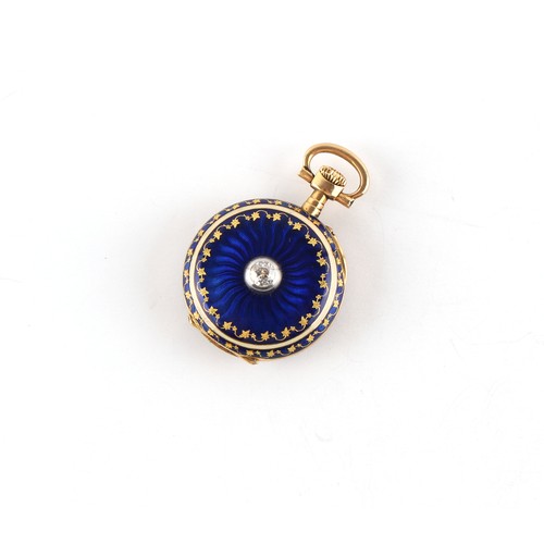 10 - An 18ct gold & blue guilloche enamel fob watch, the back set with an Old European cut diamond, appea... 