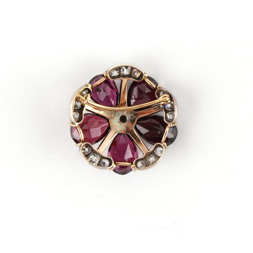 116 - A 19th century garnet & diamond flowerhead brooch, with five pear shaped cut garnets, 28mm across, i... 