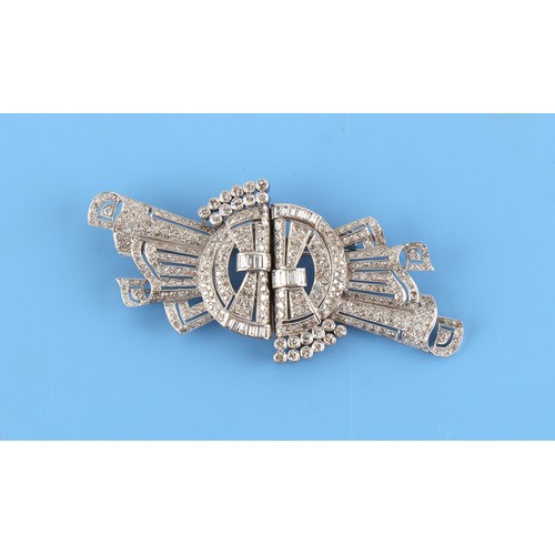 142 - A large Art Deco style white gold diamond double clip brooch, with round and baguette cut diamonds, ... 