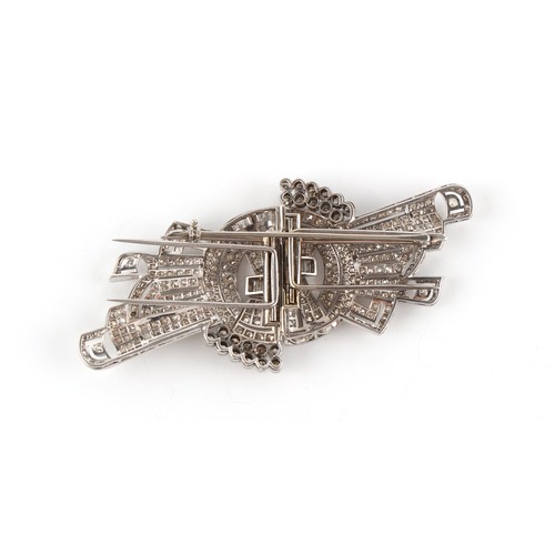 142 - A large Art Deco style white gold diamond double clip brooch, with round and baguette cut diamonds, ... 