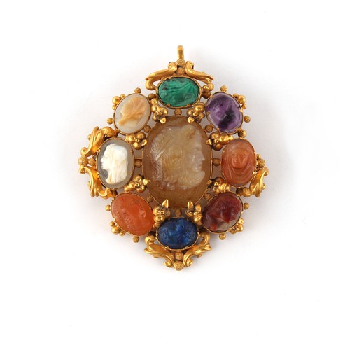 147 - An unmarked yellow gold (tests approximately 15ct) brooch or pendant, set with nine various intaglio... 