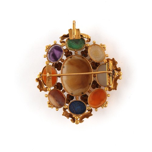 147 - An unmarked yellow gold (tests approximately 15ct) brooch or pendant, set with nine various intaglio... 