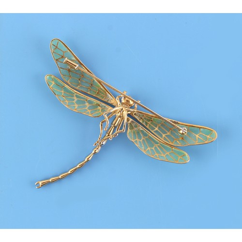 87 - A plique a jour and diamond dragonfly brooch, approximately 80mm wide, 60mm long.