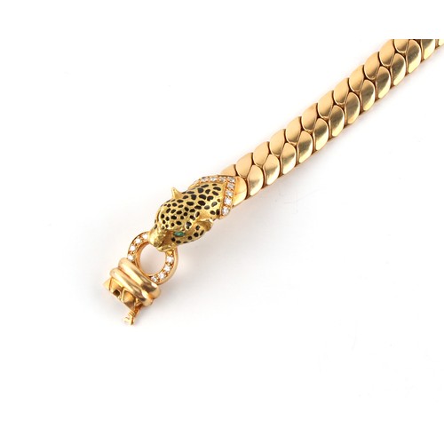 141 - An 18ct yellow gold black onyx & diamond panther bracelet, with oval cut emerald eyes, the clasp mar... 