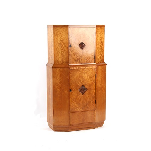 417 - Property of a lady - an Art Deco satin birch drinks cabinet or side cabinet, with ebony stringing an... 