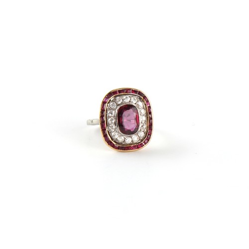 129 - A large ruby & diamond rounded rectangular panel ring, the large certificated Thai or Cambodian unhe... 