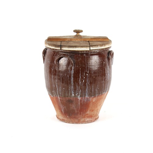 360A - Property of a lady - a 19th century terracotta crock, with pine cover, 20.25ins. (51.5cms.) high (ov... 