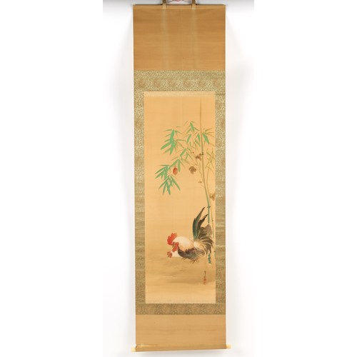 175 - Property of a gentleman - a scroll painting on silk depicting Chickens & Bamboo, the painting 48 by ... 