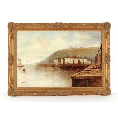 126 - Property of a lady - J.D. Mannis (British, late 19th century) - A HARBOUR SCENE WITH A CASTLE ON CLI... 