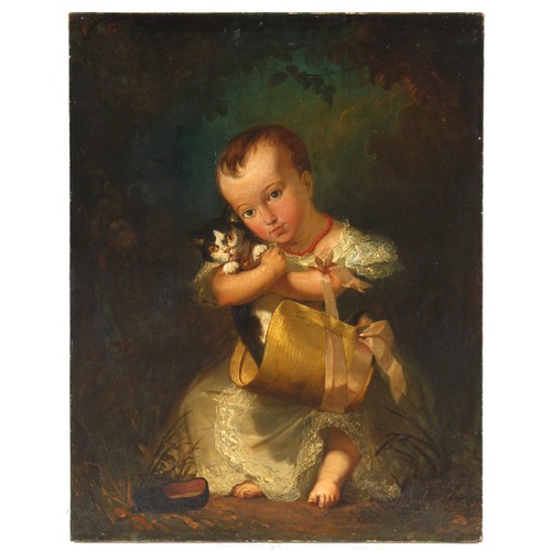 106 - Property of a gentleman - Eugene Gabe (French, 19th century) - CHILD WITH KITTEN - oil on canvas, 29... 