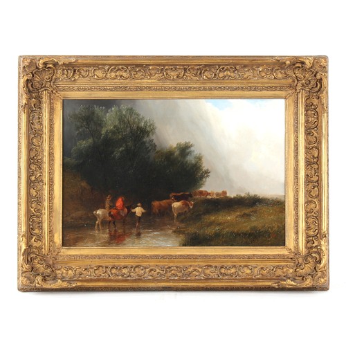 125 - Property of a lady - George Cole (1810-1883) - CATTLE DROVERS BY A STREAM - oil on canvas, 12 by 18i... 