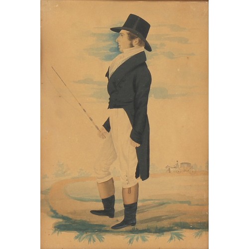 76 - Property of a lady - English school (19th century) - A GENTLEMAN ANGLER, IN LANDSCAPE WITH CARRIAGE ... 