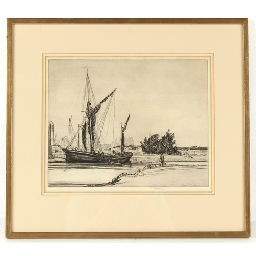 40 - Property of a gentleman - Henry Rushbury (1889-1968) - RIVER SCENE WITH BARGE - etching, 9.9 by 12.5... 