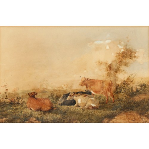 72 - Property of a lady - English school (19th century) - CATTLE IN PASTURE - watercolour, 10.45 by 16.25... 