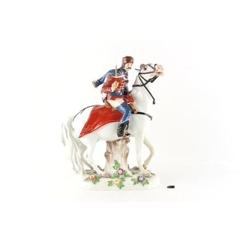 22 - Property of a lady - a Meissen model of a Hussar on grey horse, incised model number 1132, blue cros... 