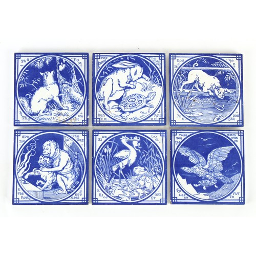 32 - Property of a deceased estate - a set of six Mintons blue & white Aesop's Fables tiles, designed by ... 