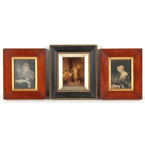 79 - Property of a deceased estate - a group of six small decorative pictures including a set of three hu... 