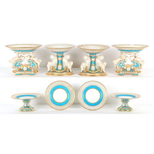 59 - Property of a lady - two matching pairs of Minton turquoise ground comports, circa 1870, each with p... 