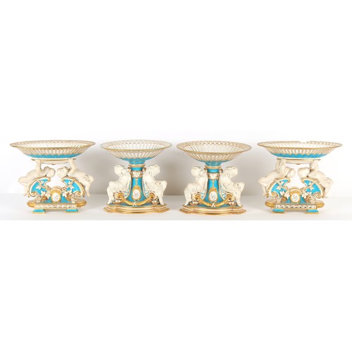 59 - Property of a lady - two matching pairs of Minton turquoise ground comports, circa 1870, each with p... 