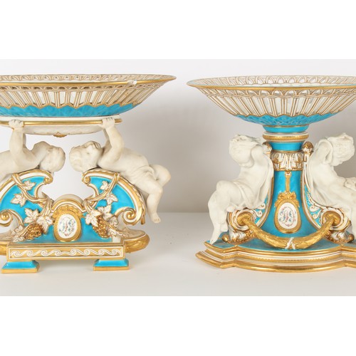 59 - Property of a lady - two matching pairs of Minton turquoise ground comports, circa 1870, each with p... 