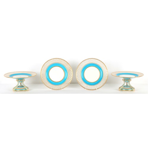 59 - Property of a lady - two matching pairs of Minton turquoise ground comports, circa 1870, each with p... 