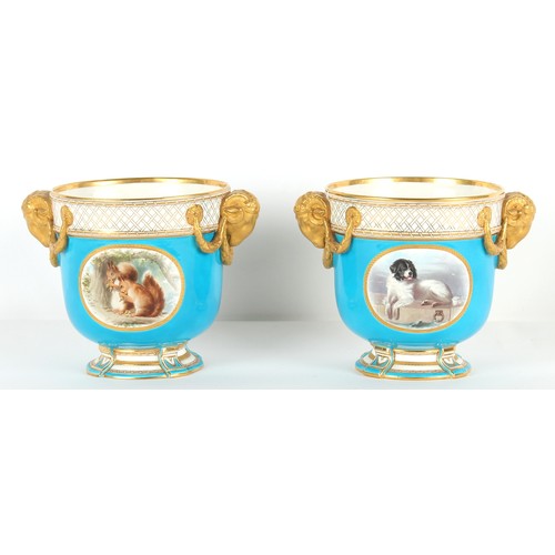 58 - Property of a lady - a pair of Minton turquoise ground wine coolers, circa 1870, each painted by Hen... 