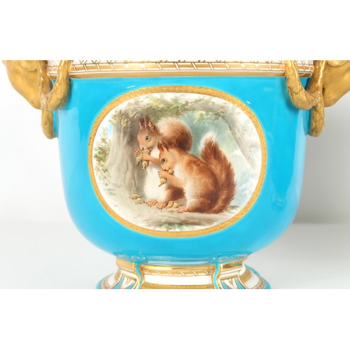 58 - Property of a lady - a pair of Minton turquoise ground wine coolers, circa 1870, each painted by Hen... 