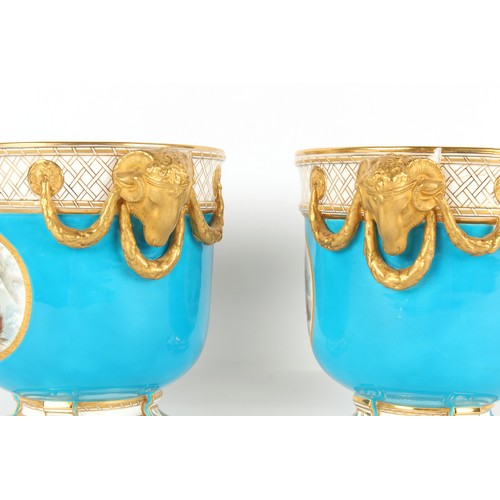 58 - Property of a lady - a pair of Minton turquoise ground wine coolers, circa 1870, each painted by Hen... 