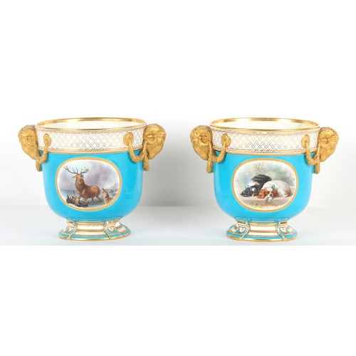 58 - Property of a lady - a pair of Minton turquoise ground wine coolers, circa 1870, each painted by Hen... 