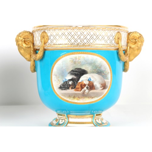 58 - Property of a lady - a pair of Minton turquoise ground wine coolers, circa 1870, each painted by Hen... 