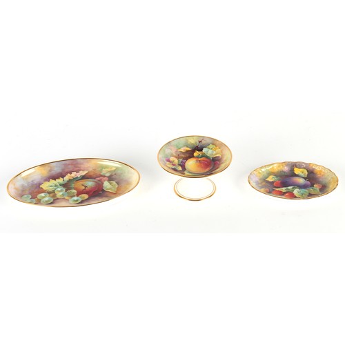 48 - Property of a deceased estate - three unmarked Minton bone china dishes, each painted with fruit, on... 