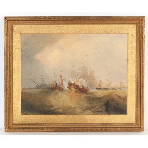 113 - Property of a lady - English school, 19th century - NAVAL SCENE WITH WARSHIPS AND BOATS IN A SWELL -... 