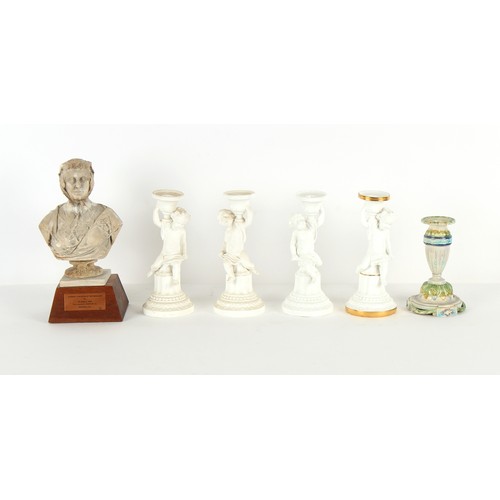 51 - Property of a deceased estate - four unmarked Minton porcelain cherub candlesticks, one unglazed, th... 