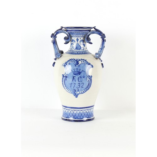 17 - Property of a gentleman - a large French faience blue & white vase, late 19th century, painted with ... 