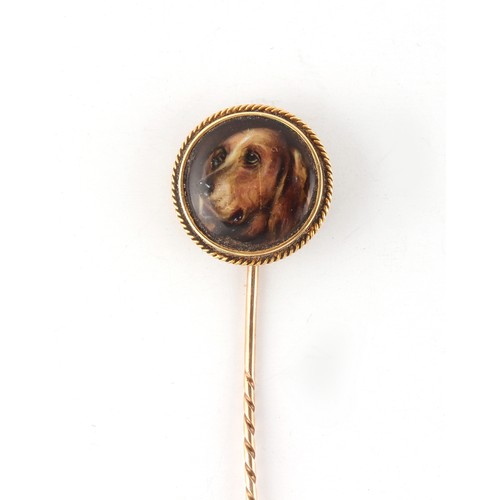 165 - Property of a lady - a Victorian painted enamel stickpin depicting a bloodhound, signed & dated to r... 