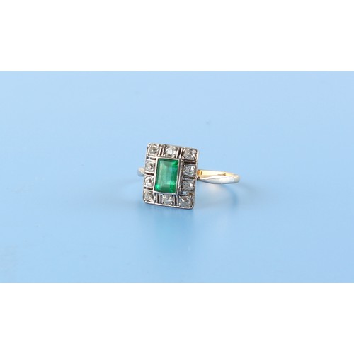 135 - An Art Deco style unmarked 18ct yellow gold (tested) emerald & diamond rectangular panel ring, the r... 