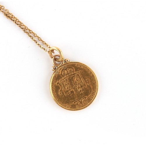 107 - Property of a lady - an 1887 Queen Victoria gold half sovereign, mounted as a pendant on a 9ct gold ... 