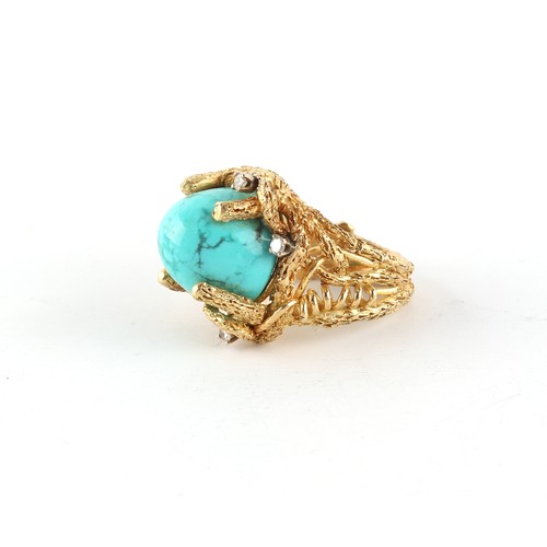 114 - Property of a gentleman - a modern unmarked yellow gold (tests 18ct) turquoise & diamond ring, the t... 