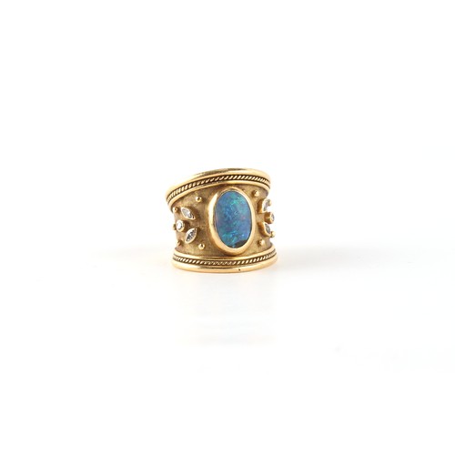 133 - Property of a lady - ELIZABETH GAGE - an 18ct yellow gold black opal & diamond ring, in the Etruscan... 