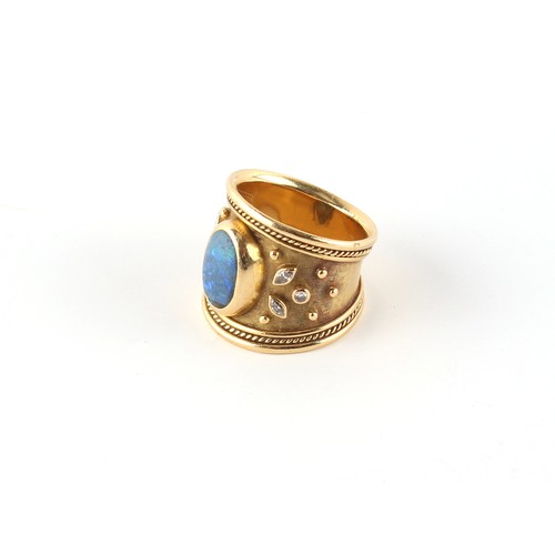 133 - Property of a lady - ELIZABETH GAGE - an 18ct yellow gold black opal & diamond ring, in the Etruscan... 