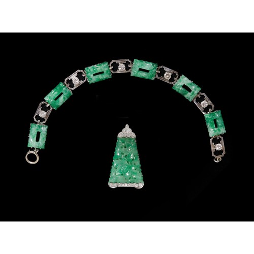 171 - A white gold Chinese carved jadeite & diamond panel bracelet & clip brooch ensuite, the jadeite pane... 