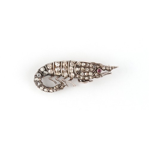 151 - A late 19th / early 20th century unmarked platinum (tested) diamond brooch modelled as a shrimp or p... 