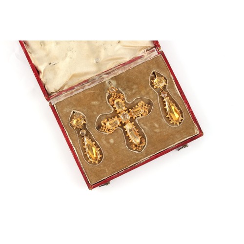 149 - A late Georgian gold cannetille & topaz cross pendant & matching earrings ensuite, with closed back ... 