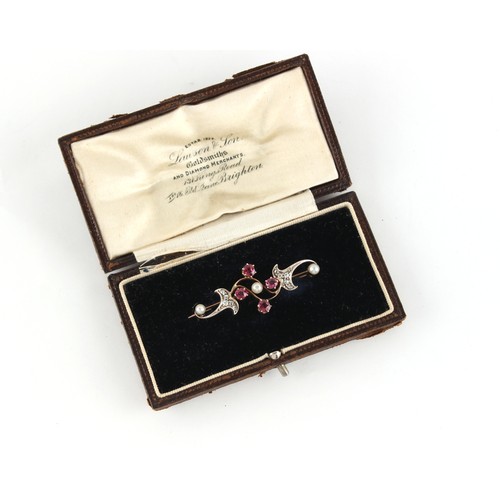 98 - Property of a lady - an early 20th century unmarked 9ct gold ruby diamond & seed pearl bar brooch, s... 