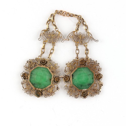 27 - Property of a deceased estate - a pair of Chinese filigree silver gilt carved jadeite & enamel earri... 