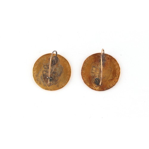 62 - Property of a deceased estate - a pair of earrings made from two George III gold spade guinea coins,... 