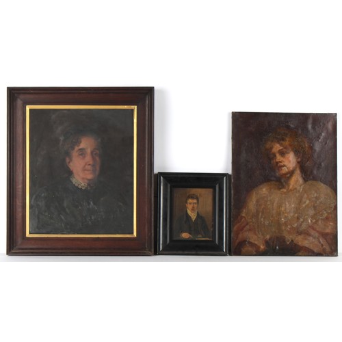 364 - Property of a deceased estate - five late Victorian portrait oils on canvas, three framed, the large... 