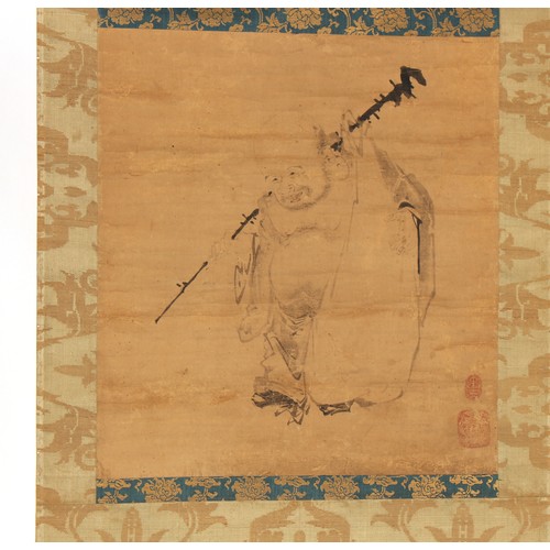 261 - Property of a lady - a late 19th century scroll painting on paper depicting a man with stick, signed... 